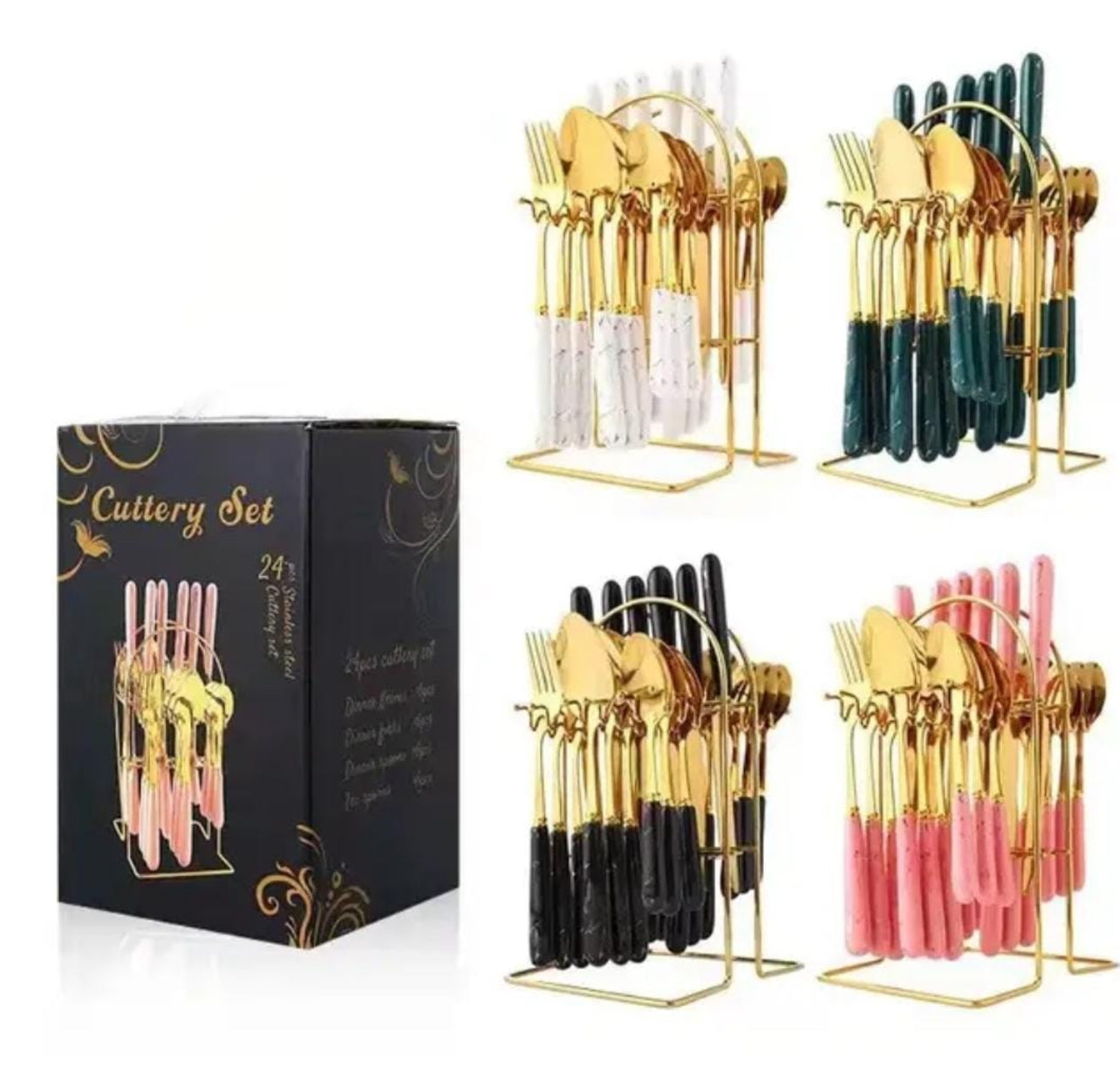 Classic 24 Piece Gold With Marble Handle Dinner Cutlery Set - Various Colour Options