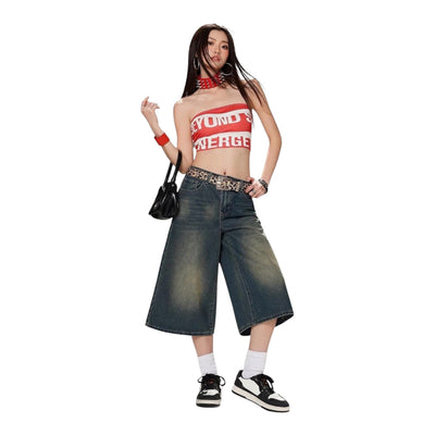 Ladies Denim Shorts for Women | Wide Leg Capri for Womens | Woman Below Knee Wide Leg Fit | Vintage Washed Denim | Relaxed Everyday Wear |Zip Button Closure