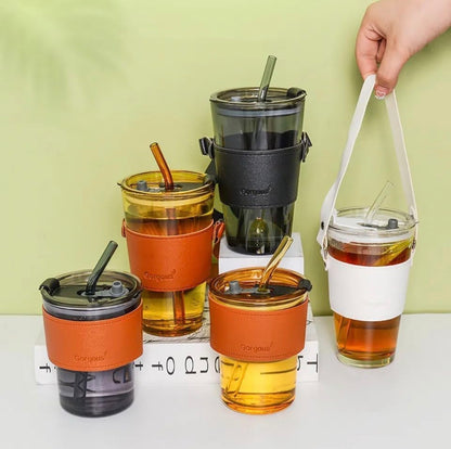 MHome Glass Tumbler with Leather Sleeve and Straw, 450ML,Clear|Stylish Coffee & Juice Sipper Bottle|Reusable Water Cup with Straw & Lid |Premium Clear Drinking Bottle for Gym,School &Travel.