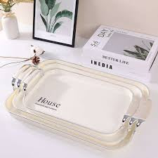 MHome Elegant Rectangular Tray Set 3PC – Melamine with Gold & Silver Trim