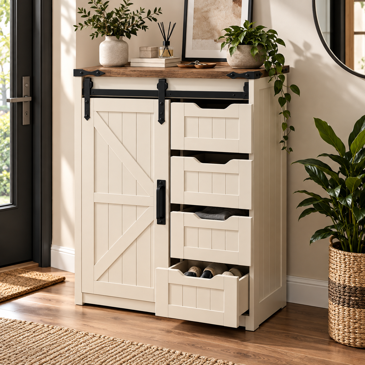 MHome Farmhouse Barn Door Storage Cabinet with 4 Drawers