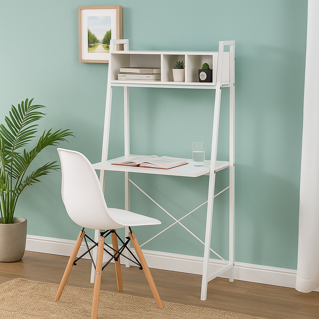 MFurn White Ladder-Style Study Desk with Shelves