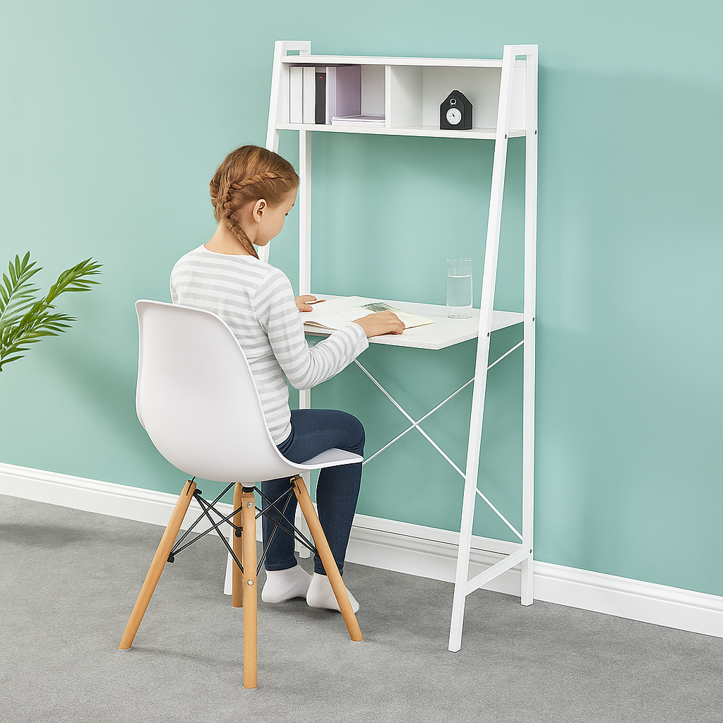 MFurn White Ladder-Style Study Desk with Shelves