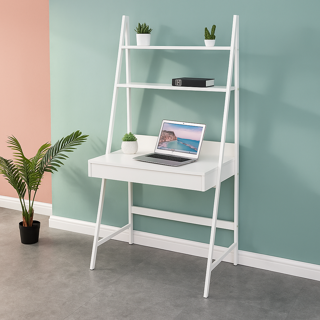 MFurn Ladder-Style Study Desk with Shelves – Modern White