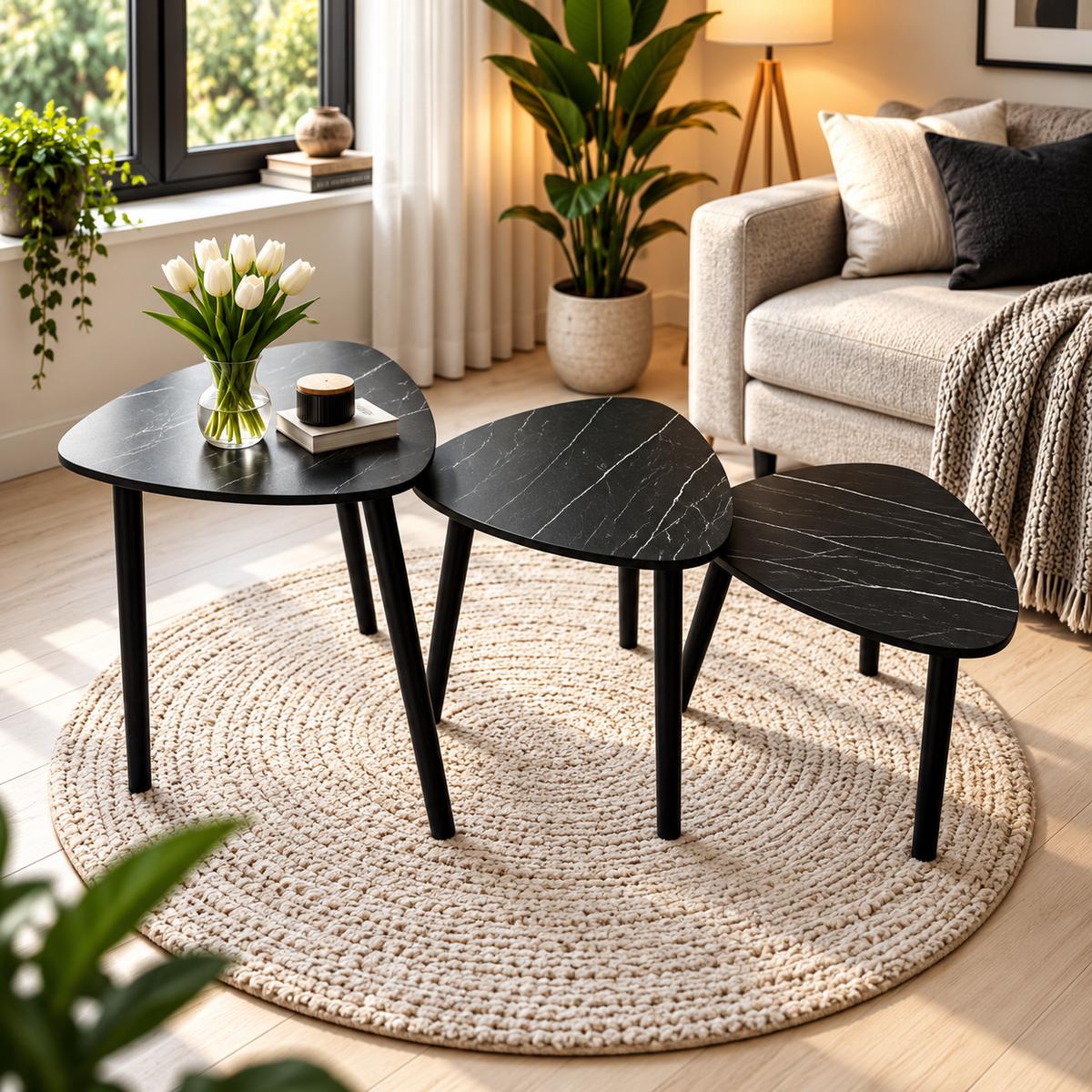 MFurn 3-Piece Nesting Side Table Set – Modern Triangular Coffee & Sofa Tables with Metal Legs