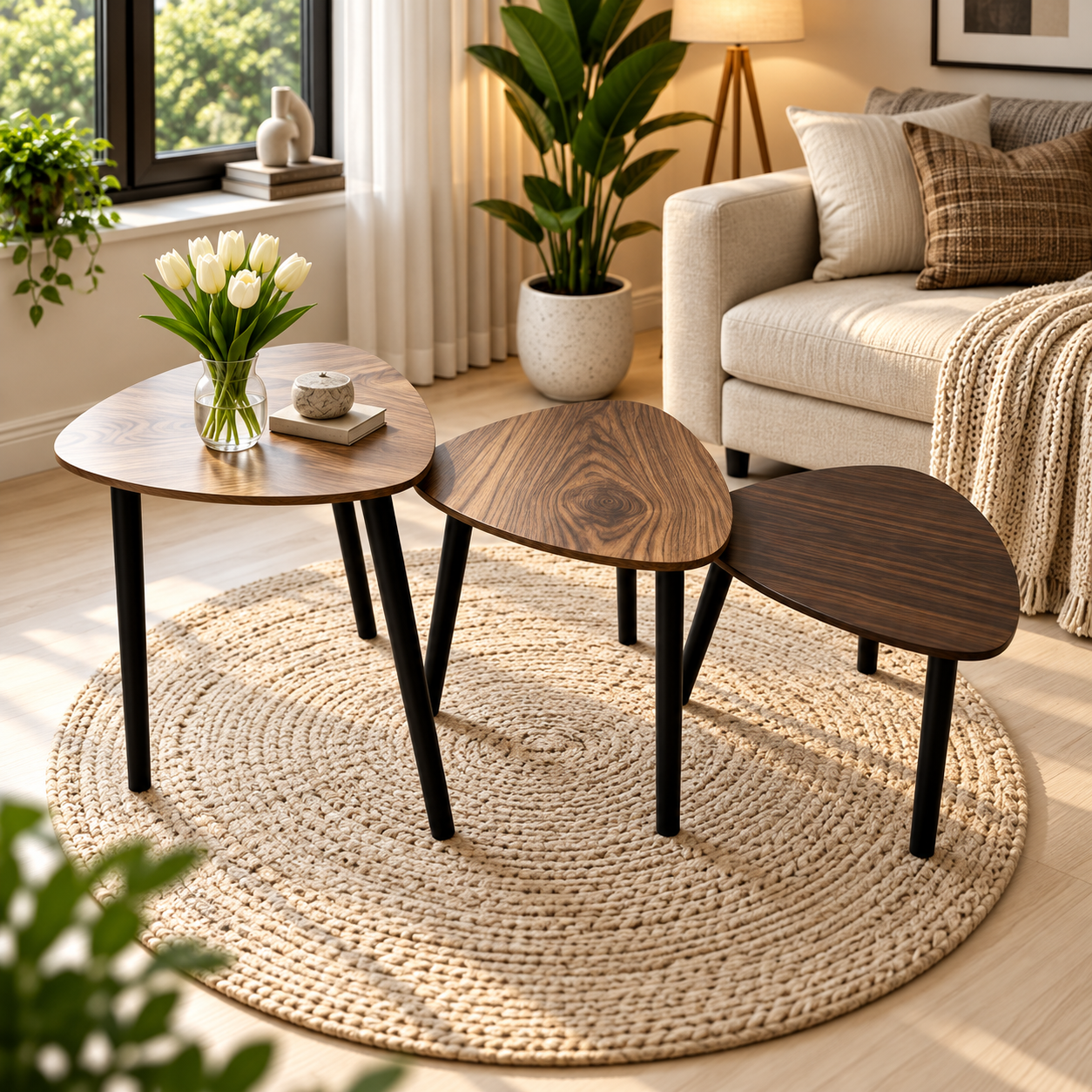 MFurn 3-Piece Nesting Side Table Set – Modern Triangular Coffee & Sofa Tables with Metal Legs