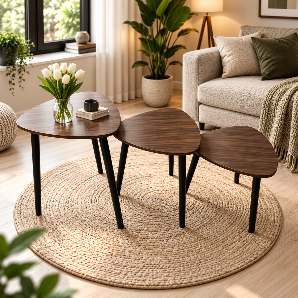 MFurn 3-Piece Nesting Side Table Set – Modern Triangular Coffee & Sofa Tables with Metal Legs