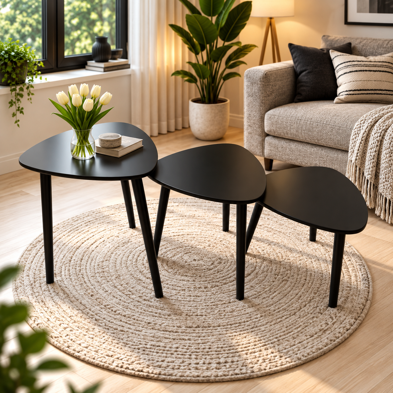 MFurn 3-Piece Nesting Side Table Set – Modern Triangular Coffee & Sofa Tables with Metal Legs