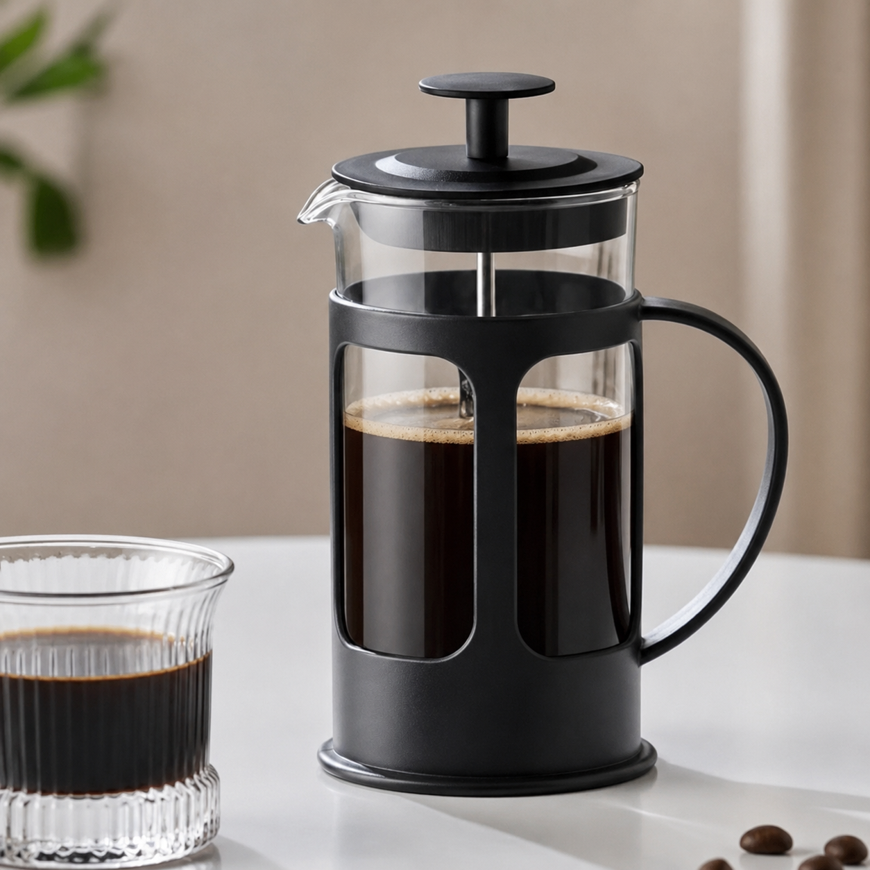 350ml French Press Coffee & Tea Maker with Milk Frother – 3-in-1 Glass Plunger Pot