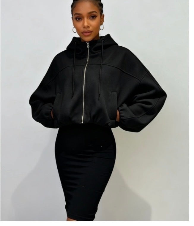 Ladies Oversized Cropped Zip-Up Hoodie-Various Colours