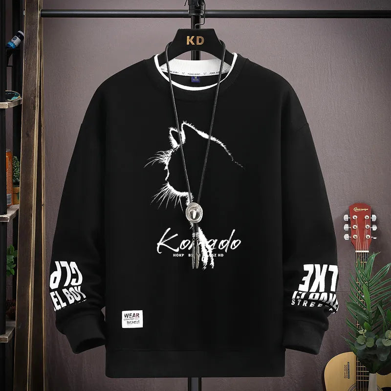 Autumn Men's Sweatshirt Sketch Cat Print Long Sleeve T-shirt Fashion Men's Clothing
