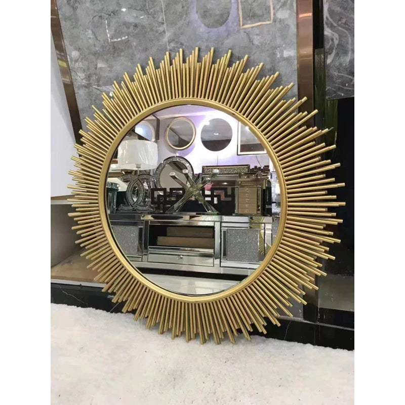 European Gold Sun Shape Decorative Wall Mirror,Wrought Iron Wall Mural Crafts Home Livingroom
