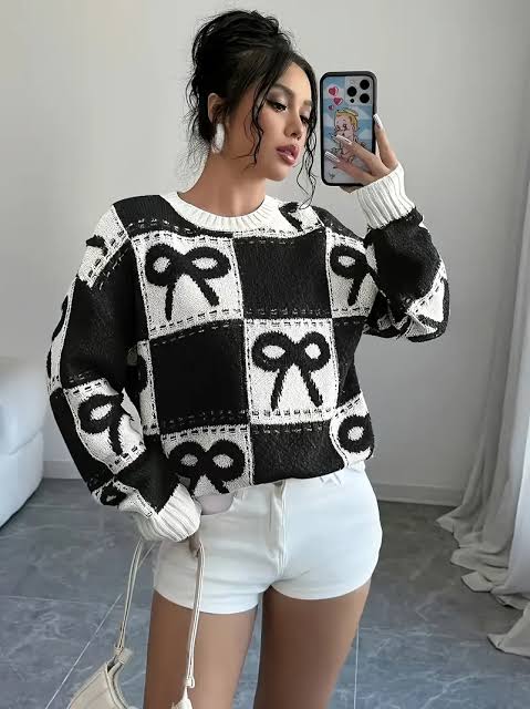 Ladies Coquette-Aesthetic Checkered Bow Knit Sweater-Various Colours