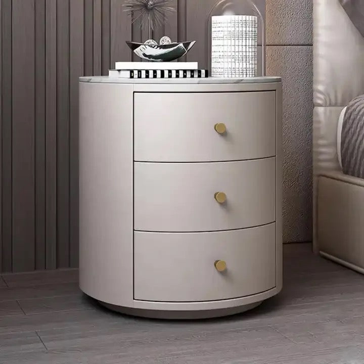Round Bedside Table Smart Intelligent Audio Password Fingerprint Lock Wireless Charging Leather Wood Cabinet Nightstands - Various Colours
