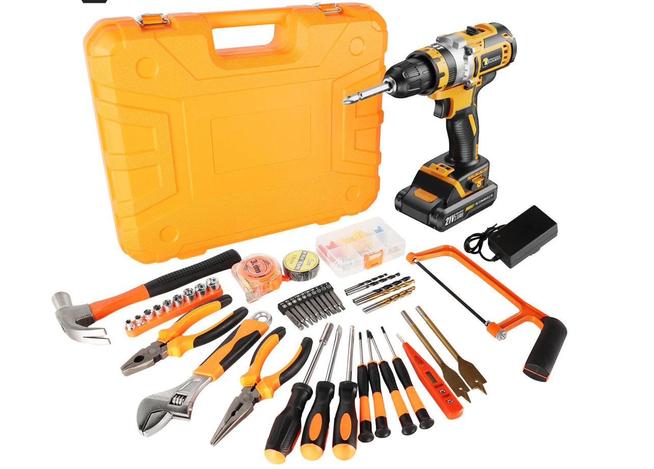 Cordless Electric Drill Inc 2 X Battery & Charger + 43pc Set Various Tools