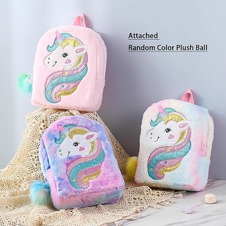 Toddler Girls Plush Backpack Kids Cartoon Unicorn Pattern School Bag Shoulder Bag