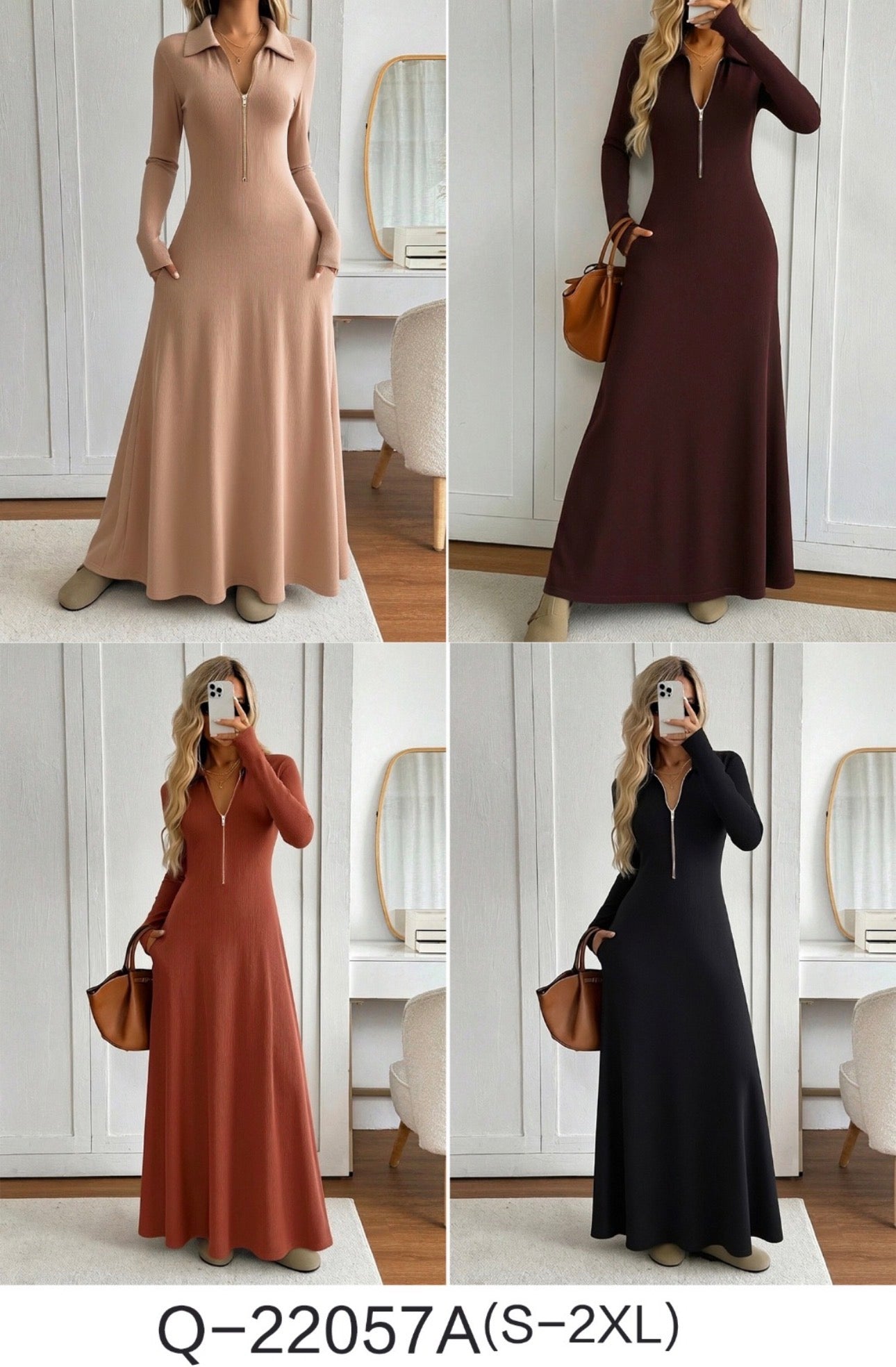 Ladies Long Sleeve A-Line Maxi Dress-Various Colours