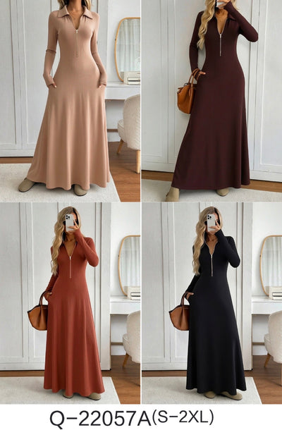 Ladies Long Sleeve A-Line Maxi Dress-Various Colours