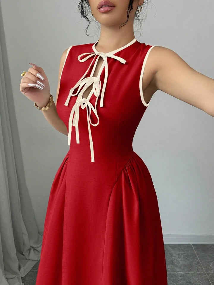 Women Hollow Out Collar Color Block Tie Waist Side Ruched Hem Sleeveless Texture Pleated Dress, Zipper Back, Fashion, Young, Elegant, Versatile, Waist Slimming