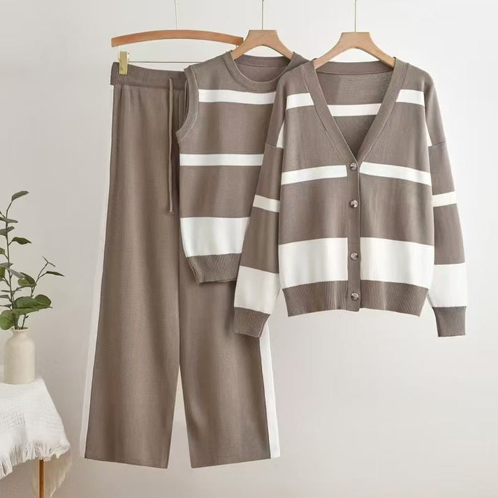 Women Striped Vest,Button Cardigan & Wide-Leg Pants,3pc Set-Various Colours