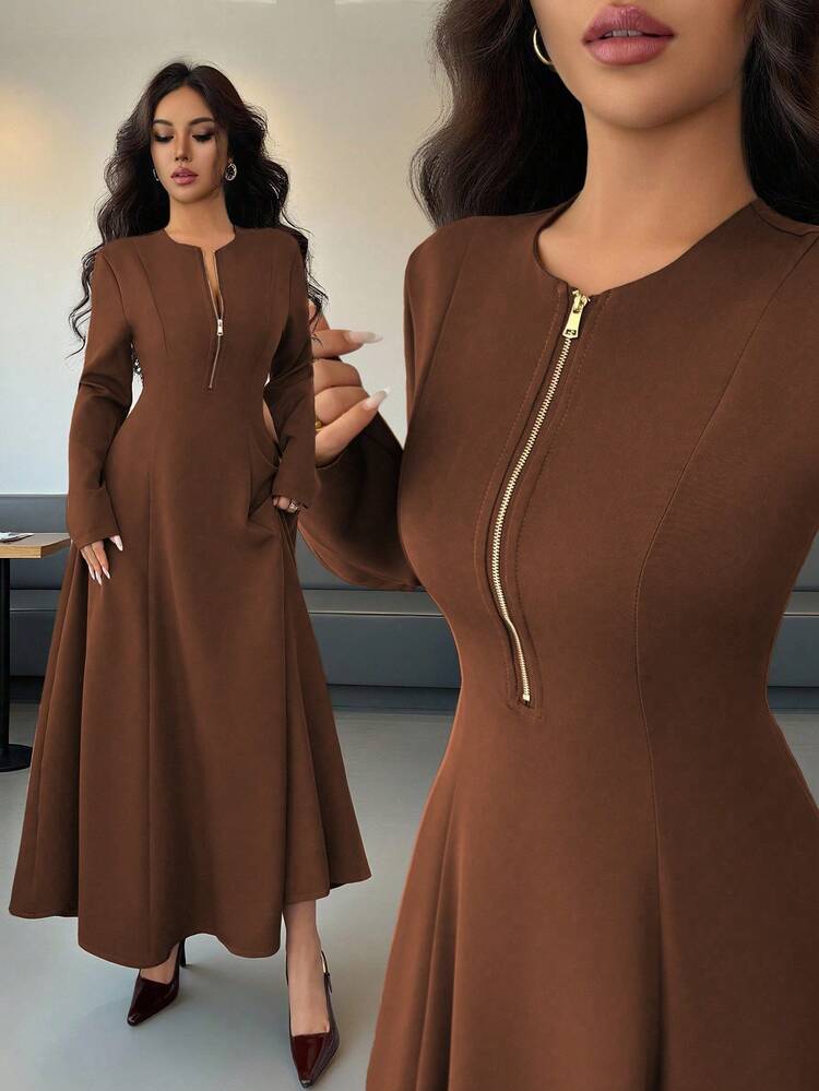 Ladies Elegant Modest A-Line Front Zipper Maxi Dress-Various Colours