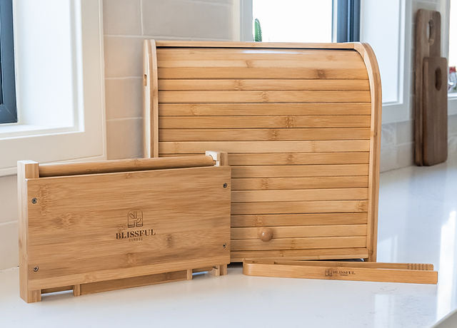 MHome Two-Layer Bamboo Bread Box – Adjustable Roll-Top Bread Storage Organizer