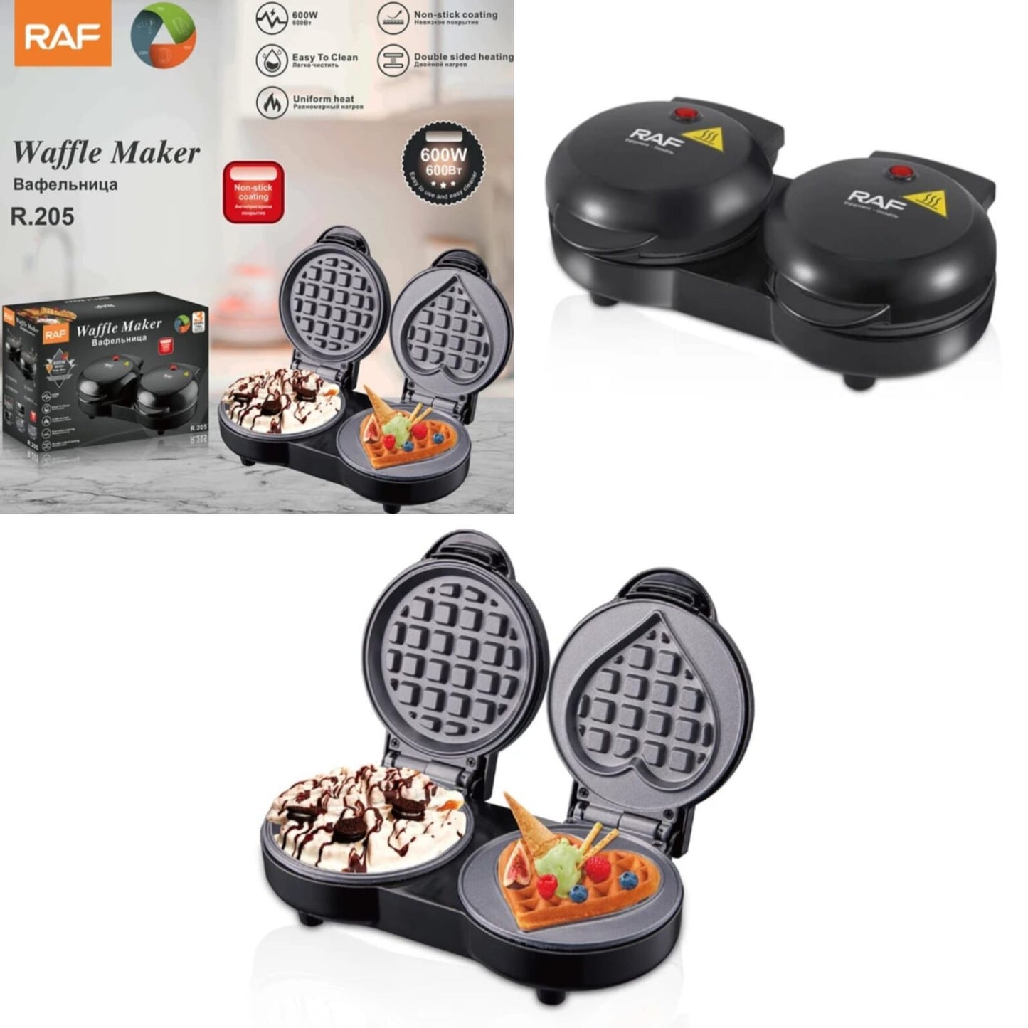 RAF R.205 Heart Shape Belgian Waffle Maker - Double Mini Non-Stick Waffle Maker 1100W