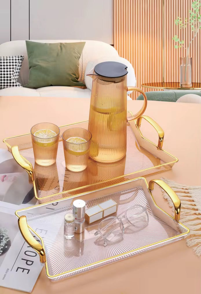 MHome Elegant Acrylic Serving Tray Set with Gold Handles – 3 Sizes