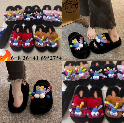 Women Winter Slippers Furry Flip Flops House Shoes Cute Cartoon Theme