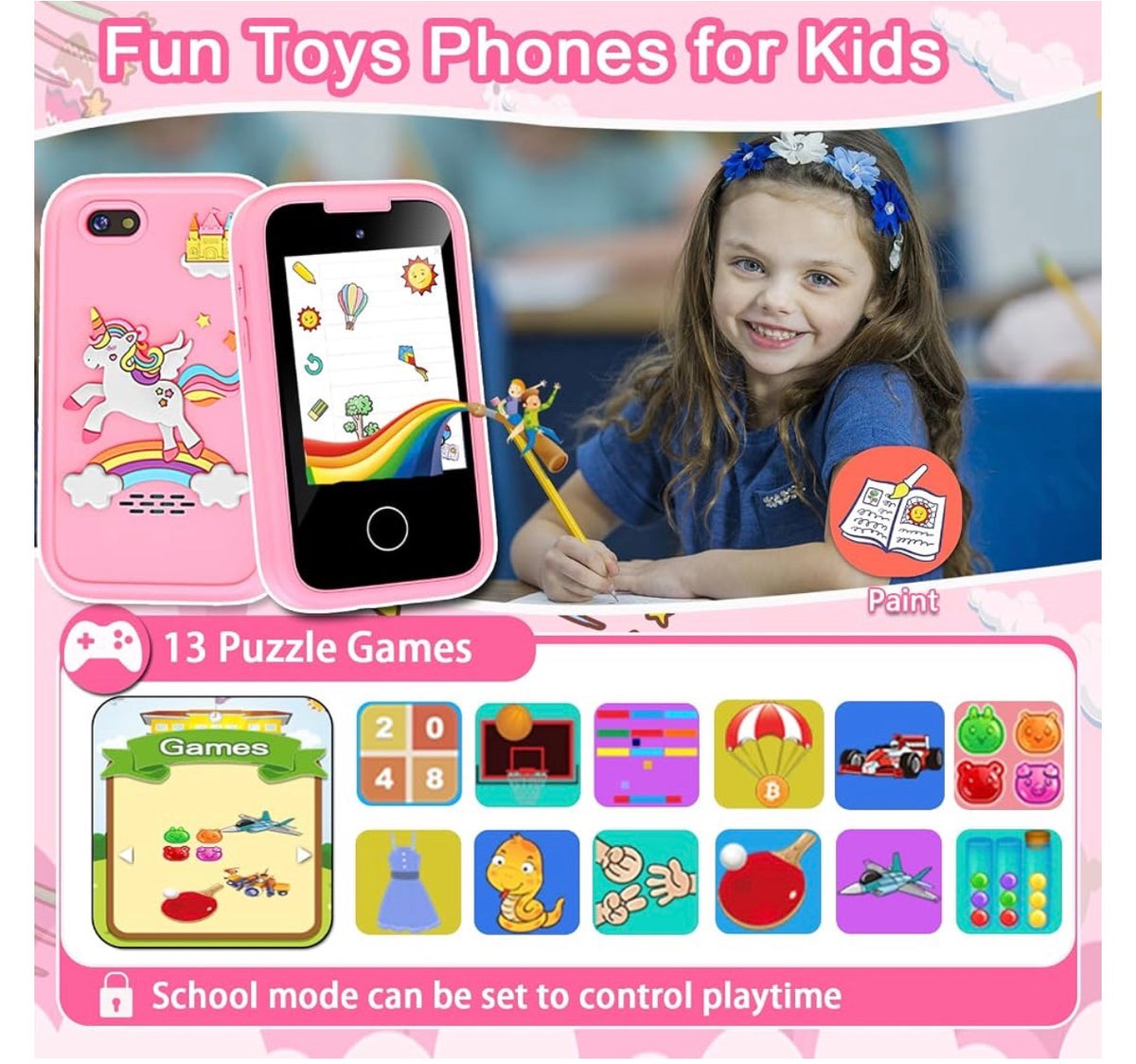 MTech
Kids Phone for Girls Toys, Gifts for 3-12 Year Old Girls Boys Christmas Birthday Kids Toys, Touchscreen Toddler Learning Cell Toy Phone with Dual Camera, Game, Music Player, 8GB Card