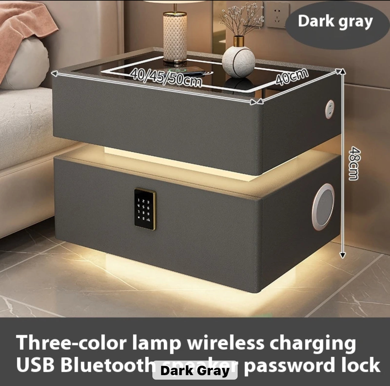 Nordic style smart bedside cabinets with wireless charging, Bluetooth speaker, LED strip, and secure password lock drawer-Available In Various Colours PreOrder Sales Now Available!