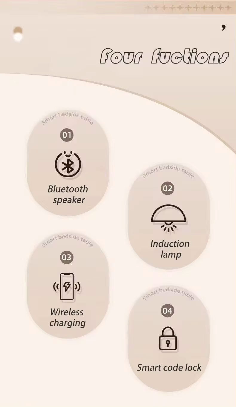 Nordic style smart bedside cabinets with wireless charging, Bluetooth speaker, LED strip, and secure password lock drawer-Available In Various Colours PreOrder Sales Now Available!