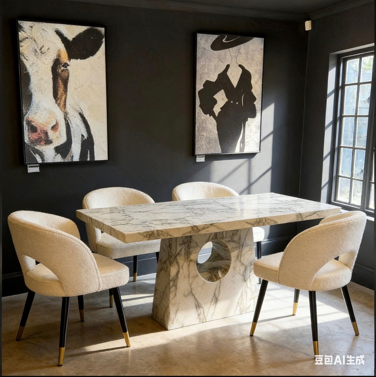 MFurn Nordic Styled Faux Marble Stone Dining Table Set Inc 6 Chairs