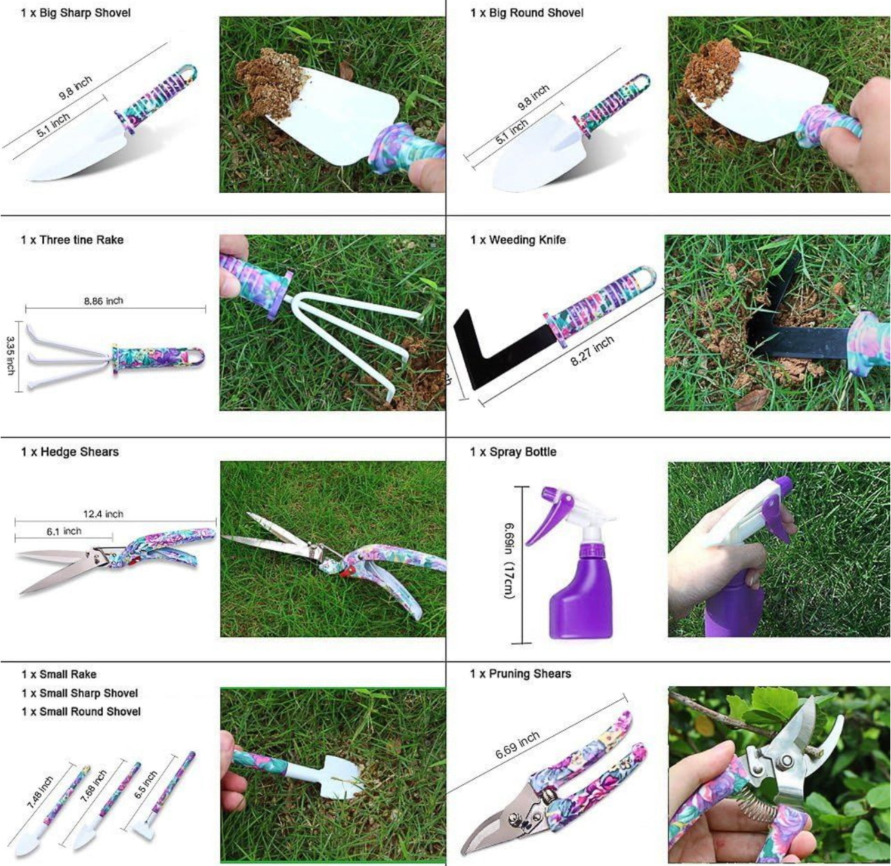 Gardening Tools with Purple Floral Print Gardening Gifts for Women 10pc  & 5pc Sets