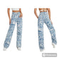 High-Waist Denim Pants with Blue Swirl Print – Stylish Wavy Ripple Graphic, Zipper Button Closure, and Slash Pockets - Ladies