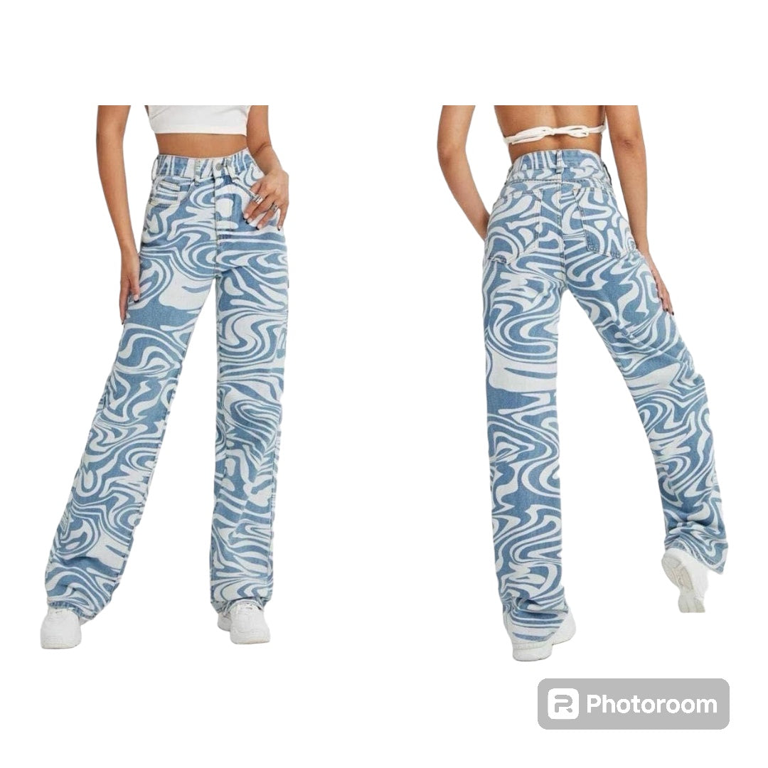 High-Waist Denim Pants with Blue Swirl Print – Stylish Wavy Ripple Graphic, Zipper Button Closure, and Slash Pockets - Ladies