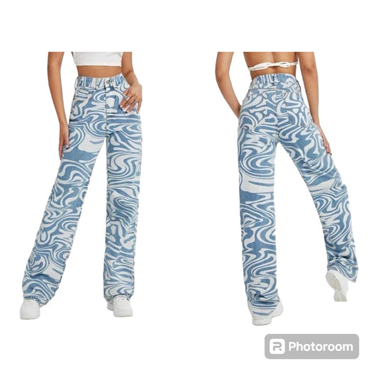 High-Waist Denim Pants with Blue Swirl Print – Stylish Wavy Ripple Graphic, Zipper Button Closure, and Slash Pockets - Ladies