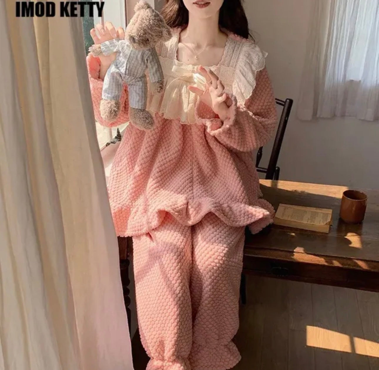 Ladies Coral Fleece Pyjamas  Autumn/Winter Thick Padded Warm Sweet Lace Suit Winter-Various Colours