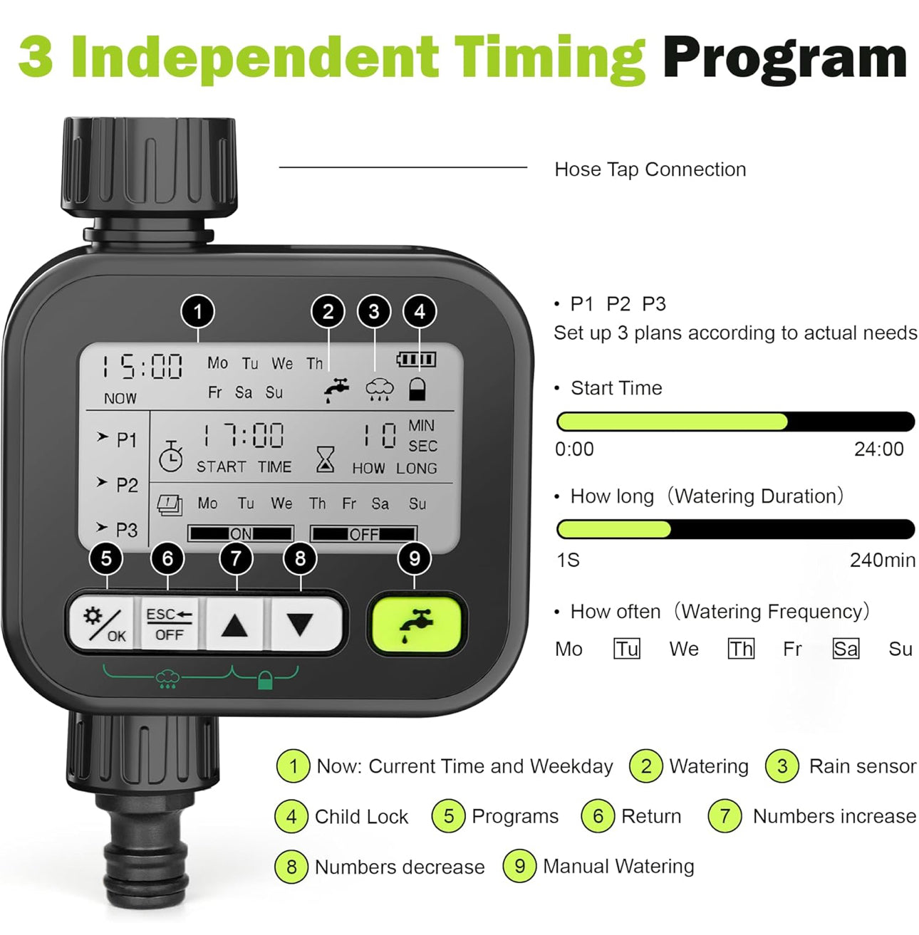 MTech Sprinkler Timer, Water Timers for Hoses Programmable,Irrigation Timer Outdoor with 3-Time Modes/Rain Delay/Manual Watering, Ipx5 Waterproof,1 Outlet