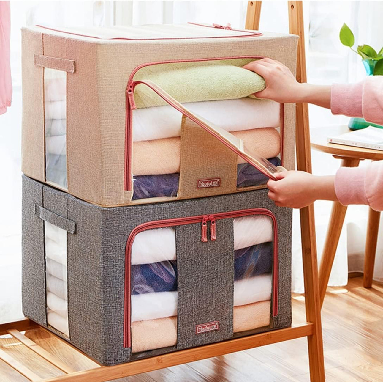 Clothes Storage Box with Transparent Window, Storage Box, Wire Included, Storage Case, Stacking, Clothes Case, Large Capacity, Clothes Storage, Foldable, Easy to Take Out, Handle, Washable, Dustproof, Moisture-Proof, Clothes, Toys, Documents, Living Room,