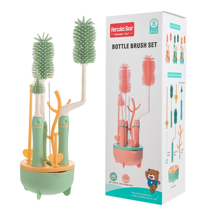 Hercules Bear - Baby Silicone Bottle Cleaning Brush Set 360 ^ Rotating 8pc Set-Various Colours