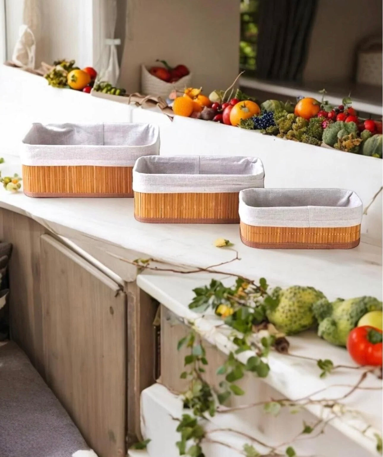 MHome  3-Piece Bamboo Basket - Bathroom and Kitchen Organizer, Wicker Organizer Set