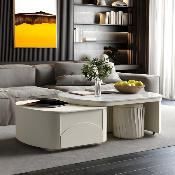 MFurn 
Extendable Coffee Table for Living Room,with 2 Storage Stools and 2 Drawers, White.