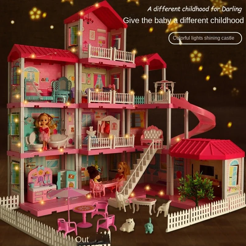 Princess Villa DIY Dollhouses Pink Castle Play With Slide Yard Kit Assembled Doll House Toy Birthday New Year Gift