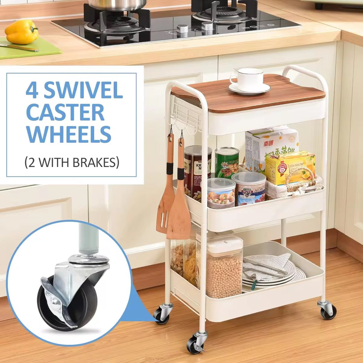MFURN 3 Tier Rolling Cart with Table top, Metal Rolling Utility Cart on Wheels, Sturdy Storage Organizer Cart with Hooks for Office, Classroom, Kitchen and Bathroom (White)
