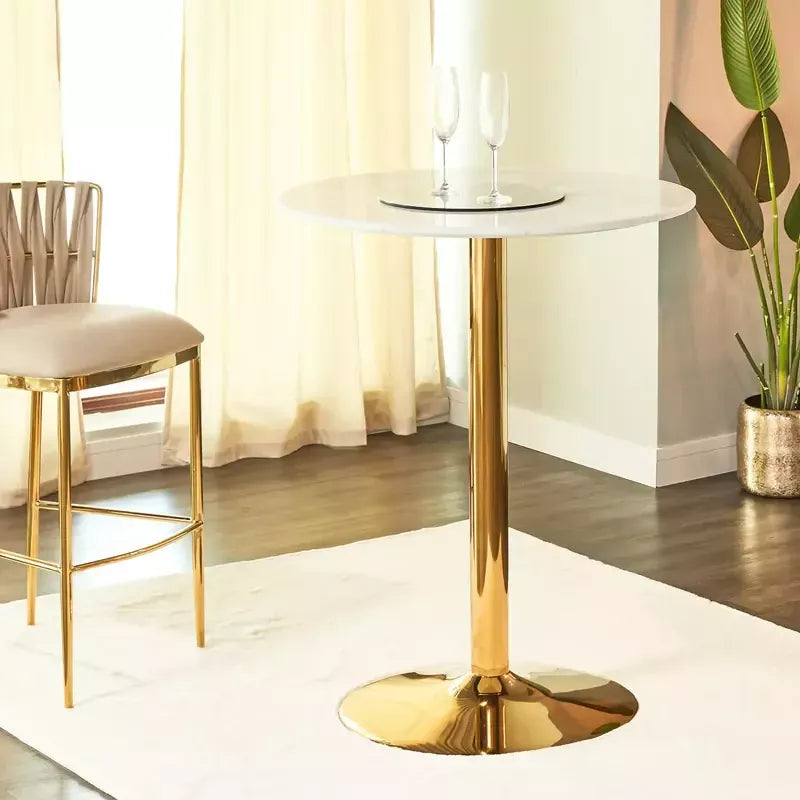 Gold Metal Standing Pub Table, Kitchen Round Marble Height Cocktail Desk, Easy to Assemble Modern Bar/Living Room Furniture Bistro Cocktail Table