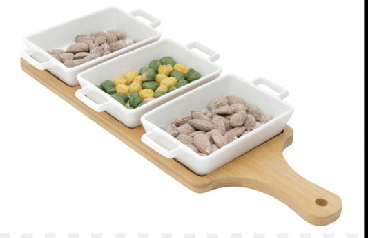 Ceramic Snack Set With Wooden Tray 3pc
