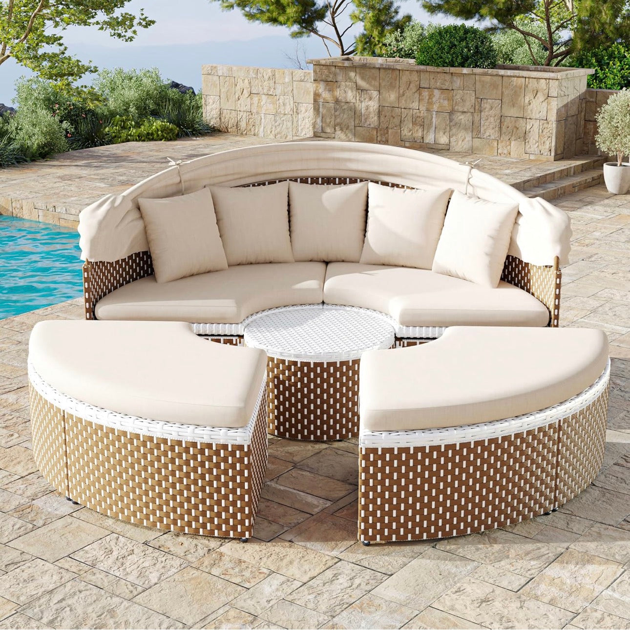 MFURN Rattan Sun Island with Foldable Sun Canopy, Polyrattan Lounge Set Including Cushions & Height-Adjustable Coffee Table, Outdoor Sun Lounger, Garden Lounger, for Garden, Patio, Porch-Pre-Order Sales Now Available
