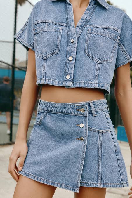 Ladies Cropped Denim Top/Skirt 2pc