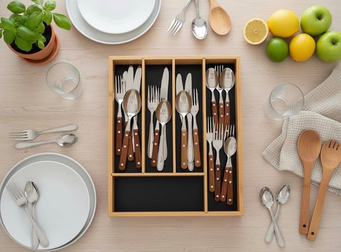 MHome Bamboo Cutlery-Multipurpose Tray - Kitchen Drawer Organiser with 5 Compartments - Durable, Durable, Eco-Friendly